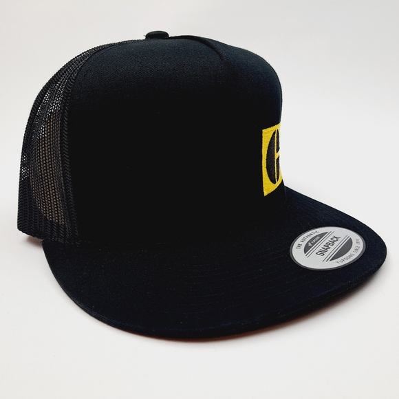 CAT Caterpillar Flat Bill Trucker Mesh Snapback Hat Cap Black Embroidered - Picture 3 of 4